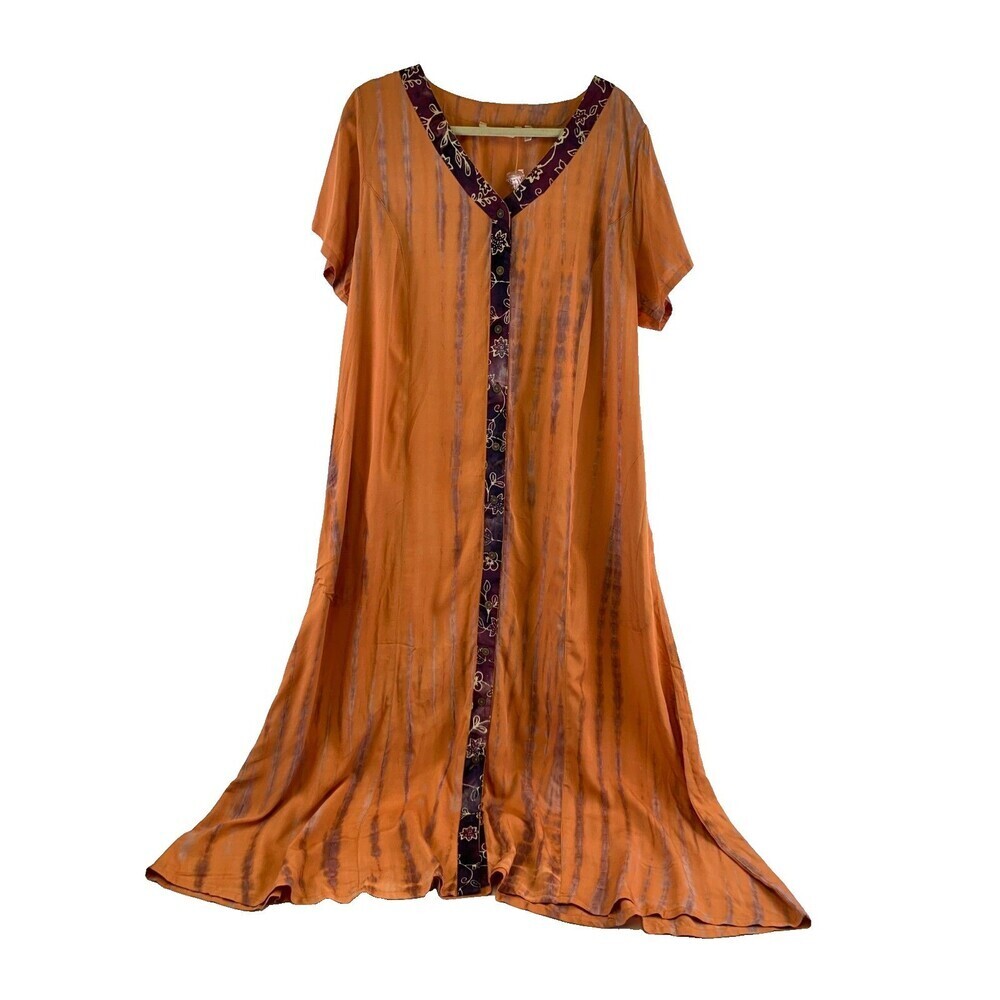 Soft Surroundings Sunset Bali Dress Orange Short Sleeve Button 2BD24 Womens 1X - Picture 2 of 13